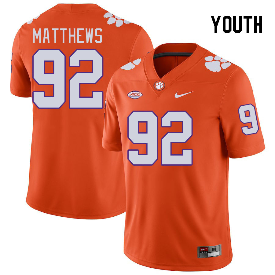 Youth Clemson Tigers Levi Matthews #92 College Orange NCAA Authentic Football Stitched Jersey 23FH30CX